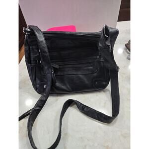 Women's Black Elda Crossbody Bag Purse Multi Zipper Pockets Faux Leather